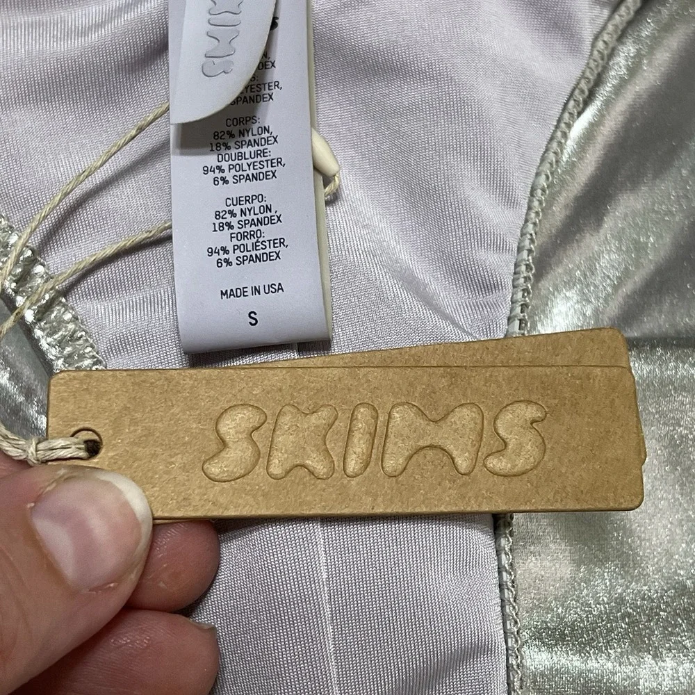 NEW! Skims Women Nickel Silver Metallic‎ Swim Cycle Body Suit Size Small